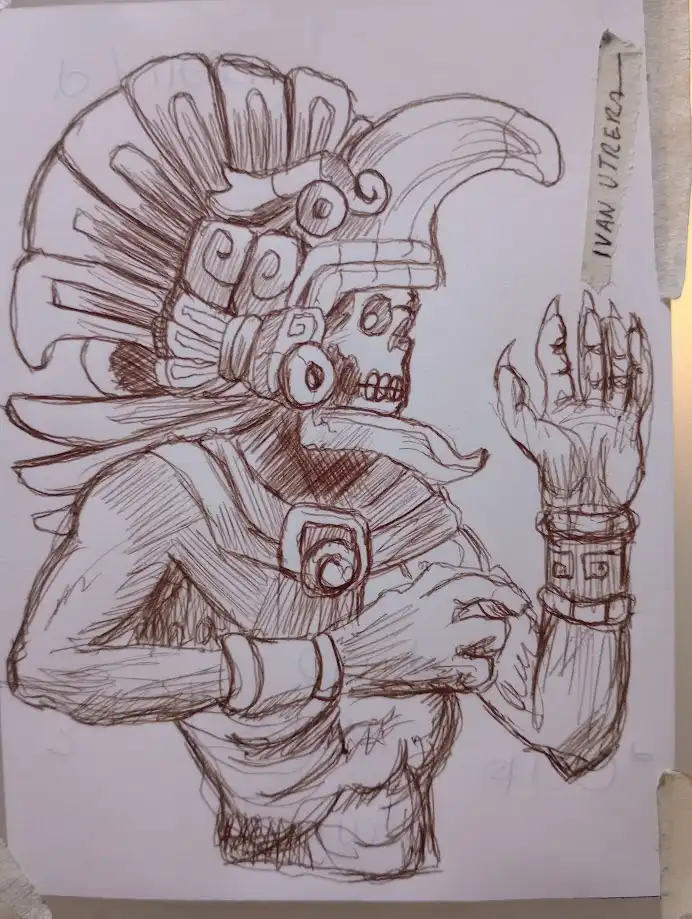A hand-drawn sketch in brown ink depicts a skeletal figure wearing an elaborate headdress with feather-like extensions and…