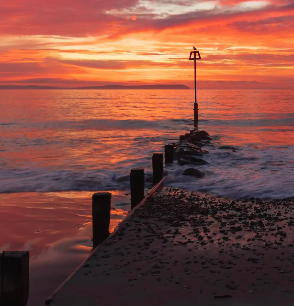 A serene sunset over the ocean with vibrant orange and red clouds, a wooden pier extends into the water, and a small bird…