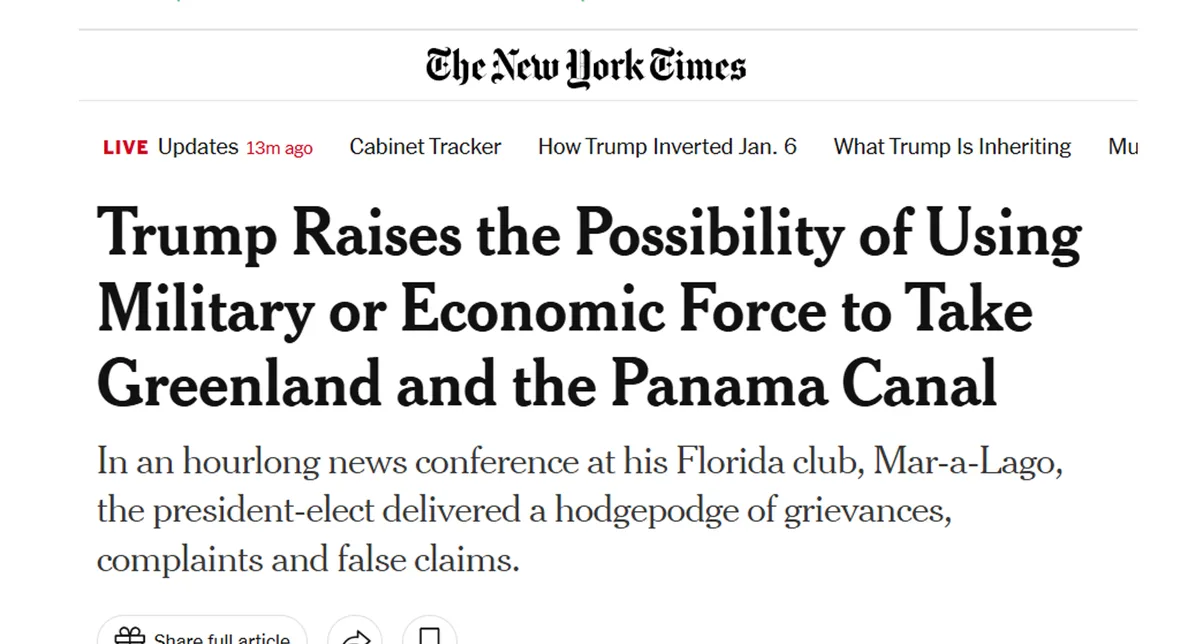 A screenshot of a New York Times article headline reads 'Trump Raises the Possibility of Using Military or Economic Force to…