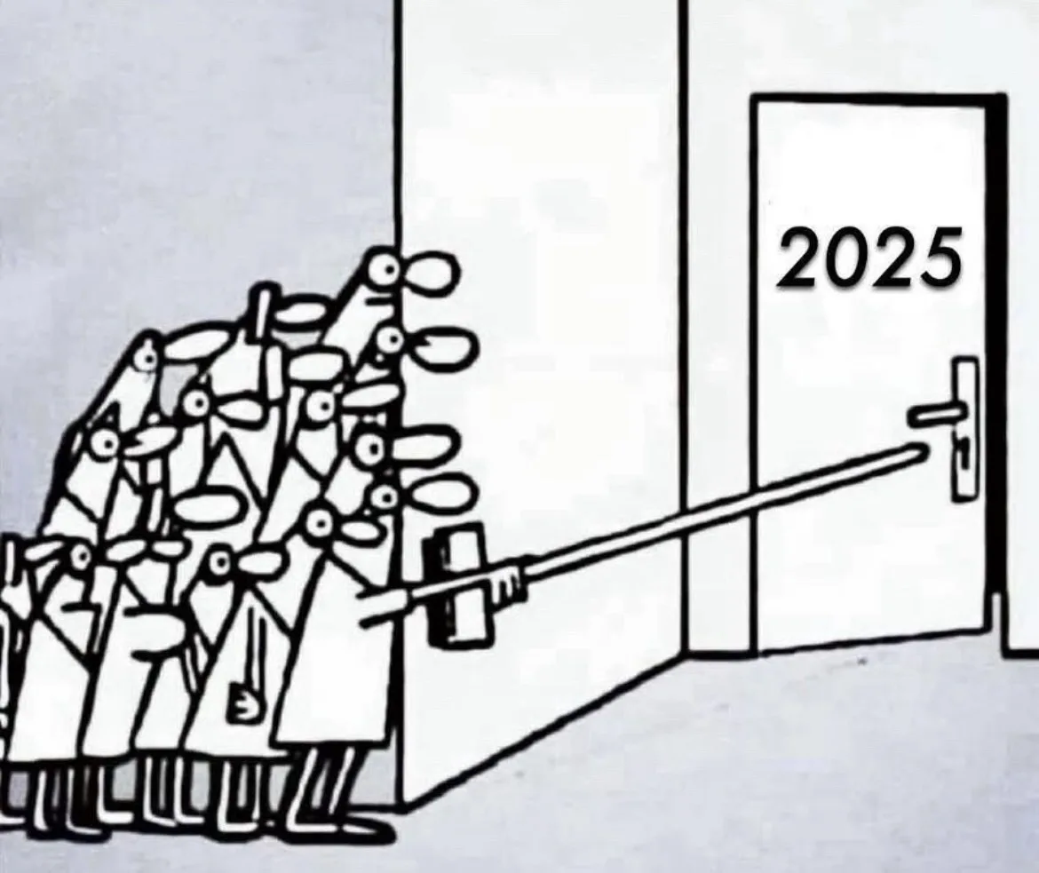 A black-and-white cartoon depicts a large crowd of stick-figure-like people in lab coats pushing a long pole toward a door…