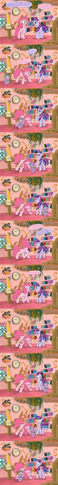 A comic strip featuring Pinkie Pie and Twilight Sparkle in a library, where Pinkie excitedly shows Twilight her time travel…