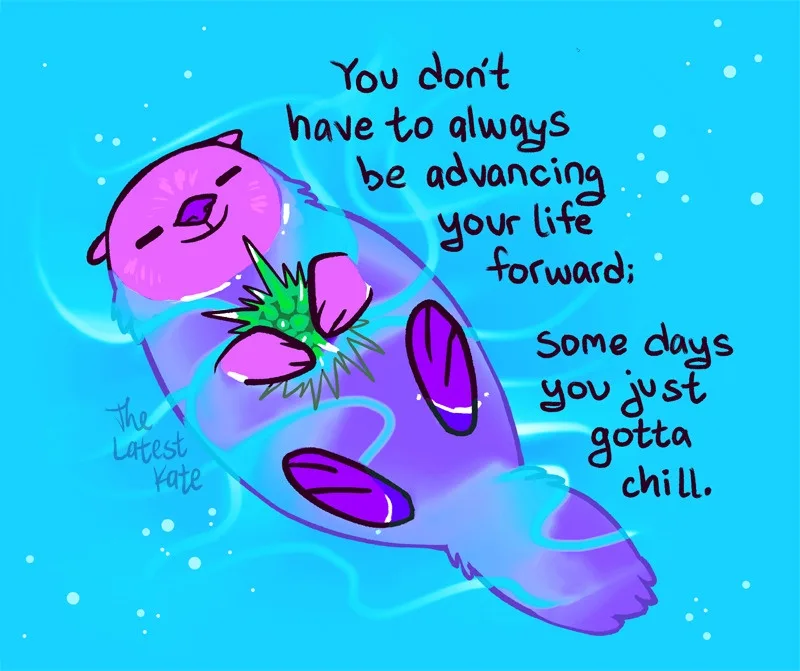 A cartoon pink otter with a green sea urchin stuck to its belly floats peacefully in blue water, with handwritten text…
