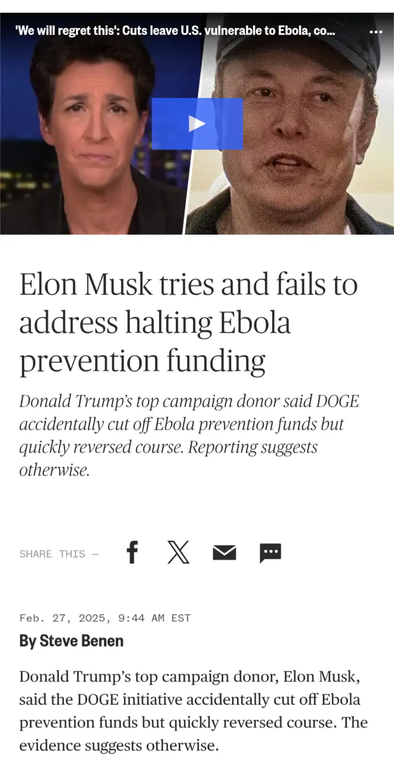 The image shows a split-screen with a news article headline about Elon Musk allegedly cutting Ebola prevention funding via…