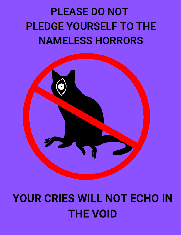 A purple background features a black silhouette of a cat with one eye replaced by an occult-style eye symbol, overlaid with…