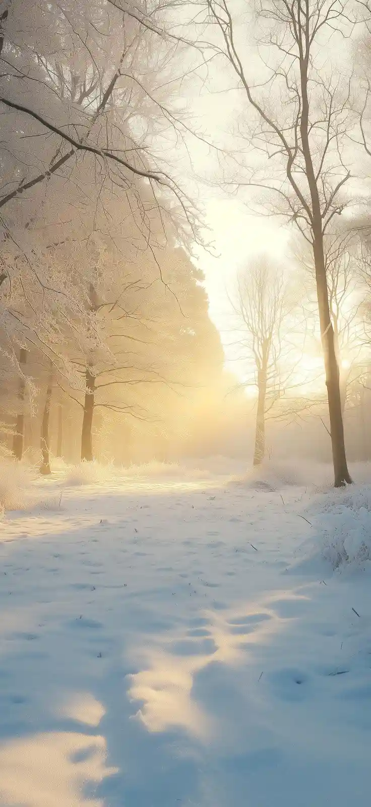 A serene winter forest scene with snow-covered ground, bare trees, and golden sunlight filtering through the branches…