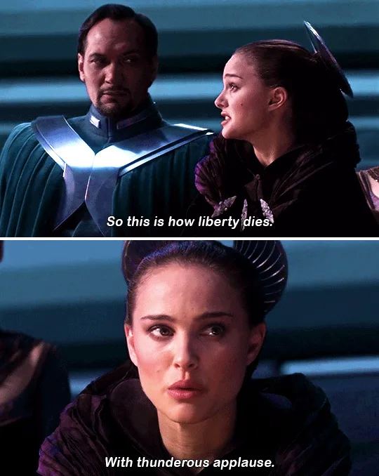 The image is a two-panel meme from the movie 'Star Wars: Episode II - Attack of the Clones'. The top panel shows Padmé…
