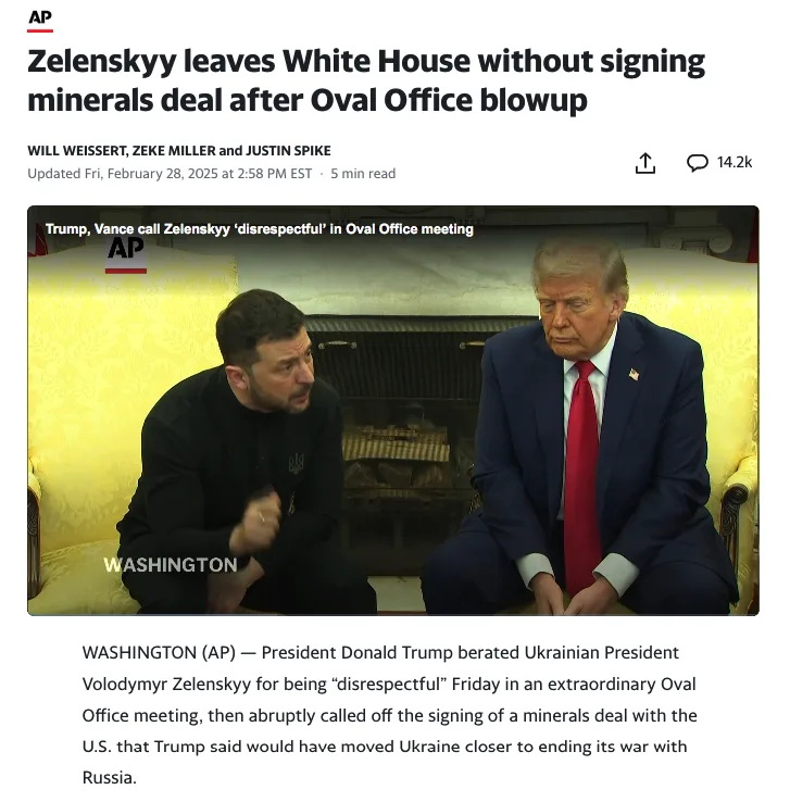 A screenshot of an Associated Press news article headline reads 'Zelenskyy leaves White House without signing minerals deal…