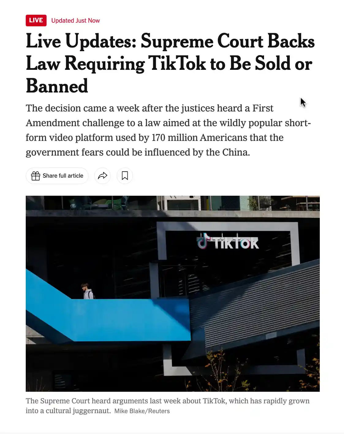 A screenshot of a news article with a headline reading 'Live Updates: Supreme Court Backs Law Requiring TikTok to Be Sold or…