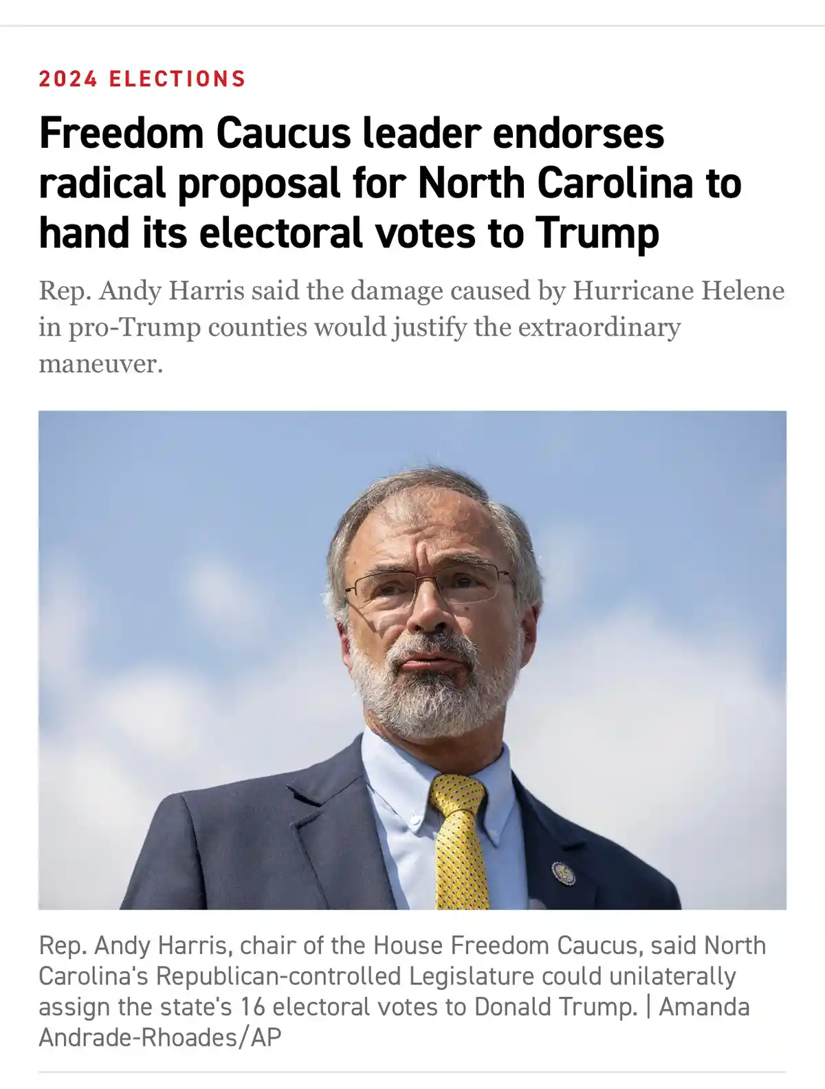 A news article screenshot shows Rep. Andy Harris, a man with glasses and a gray beard wearing a suit and yellow tie, looking…