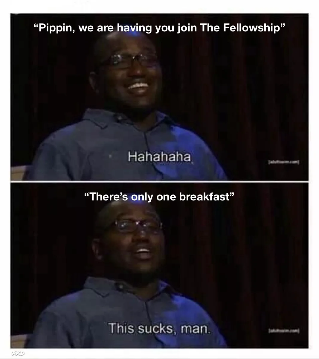 A two-panel meme featuring a man in a blue shirt and glasses. In the top panel, he laughs heartily while text reads "Pippin…