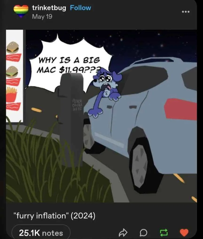A cartoon blue dog with wide eyes peers out from the driver's side window of a gray car parked at night, looking shocked as…