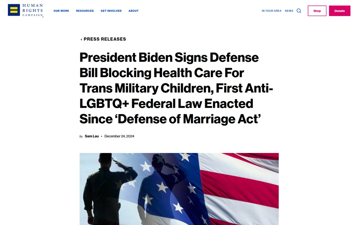 A screenshot of a Human Rights Campaign press release page with a headline claiming President Biden signed a bill blocking…
