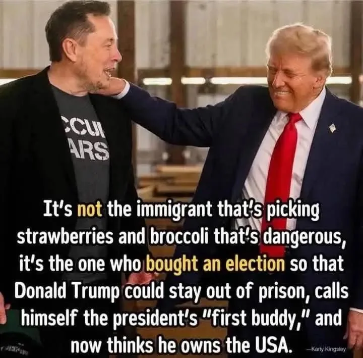 Two men, Elon Musk and Donald Trump, are shown in a photo with Trump placing his hand on Musk's cheek. Overlaid text reads…