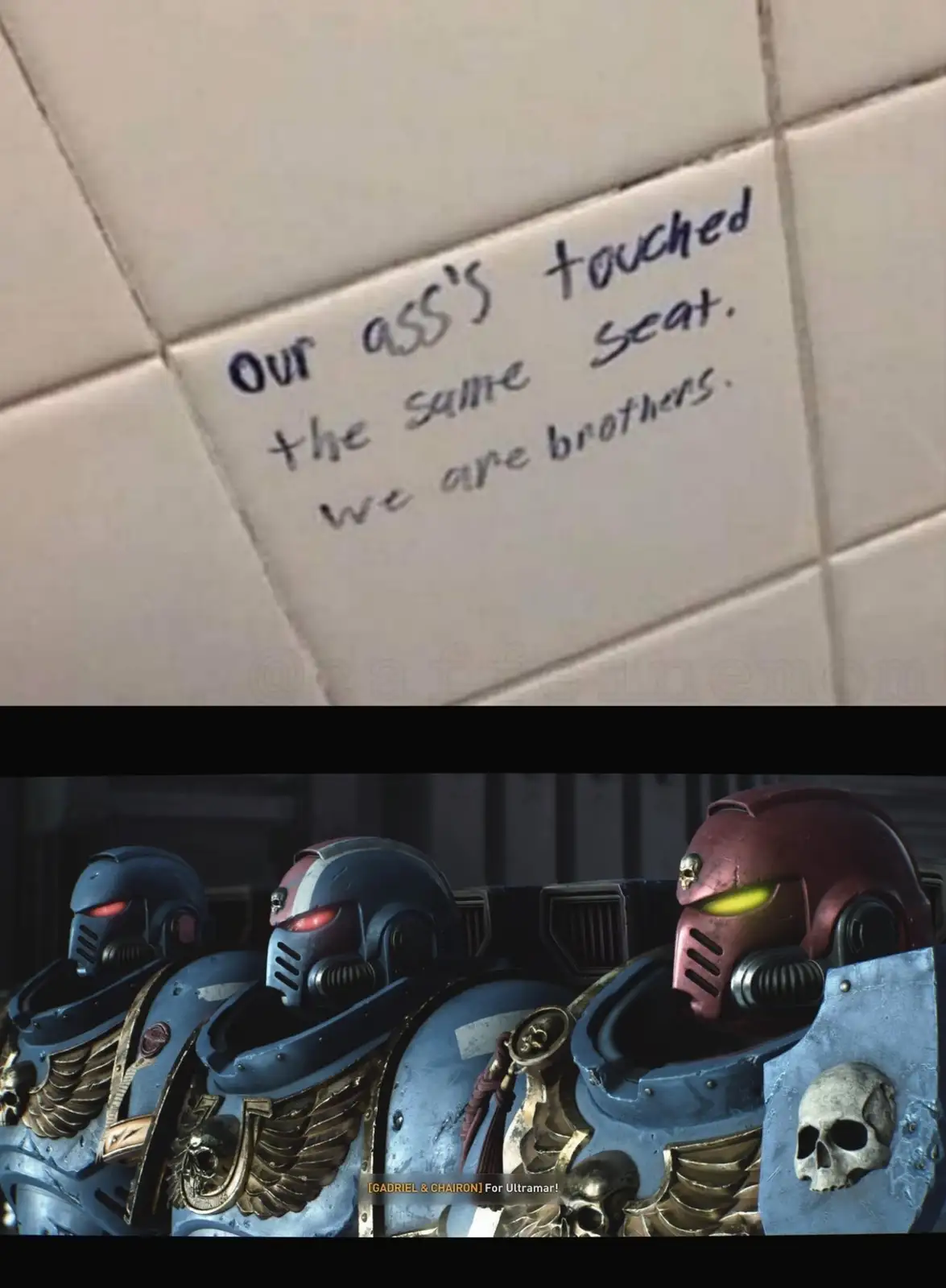 The image shows a close-up of a white tiled wall with handwritten text reading 'Our ass's touched the same seat. We are…