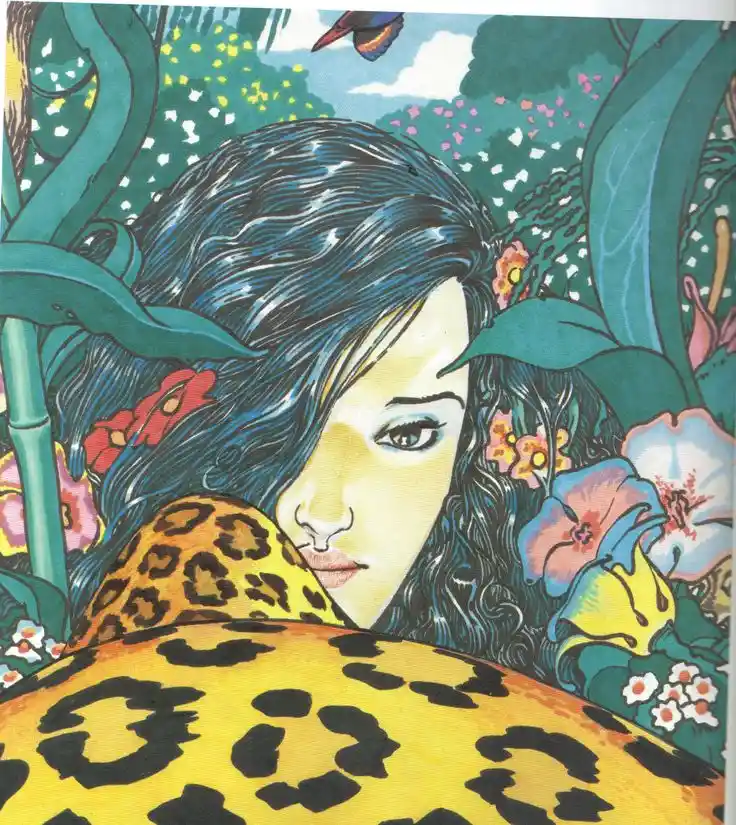 A stylized illustration of a woman with dark blue hair surrounded by lush green foliage and colorful flowers. She is wearing…
