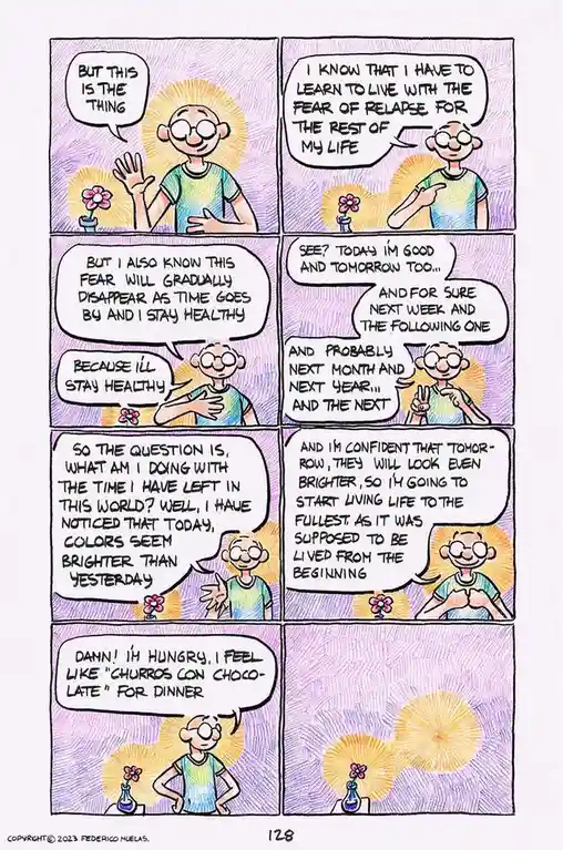 A six-panel comic strip featuring a bald, bespectacled man with a glowing aura, who philosophically reflects on overcoming…