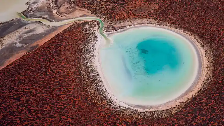 Francois Peron National Park's vibrant red dunes meet the tranquil blue lagoons and green streams of Shark Bay. Cut-out cave…
