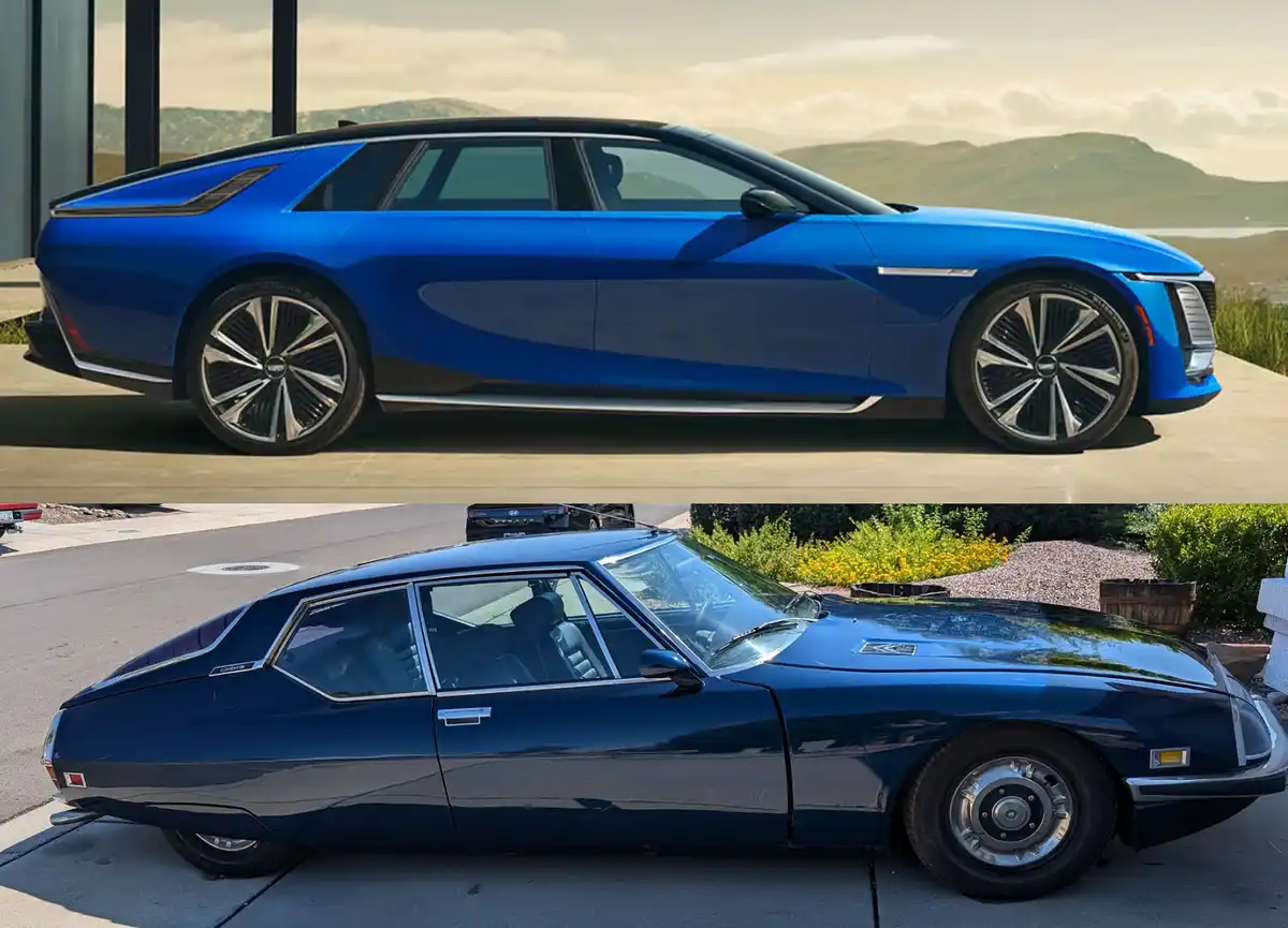 The image displays two cars side-by-side: the top is a sleek, modern blue electric sedan with futuristic design and large…