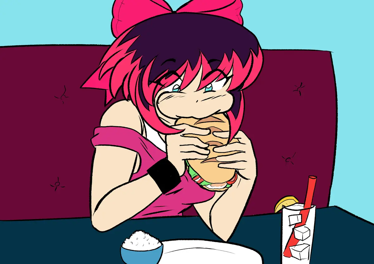 An anime-style girl with pink and dark purple hair and a large pink bow is sitting at a table, enthusiastically devouring a…