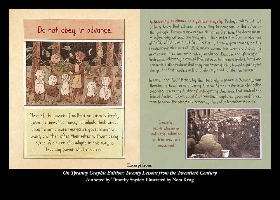 The image is a two-page spread from 'On Tyranny' by Timothy Snyder, featuring a cartoon illustration on the left showing a…