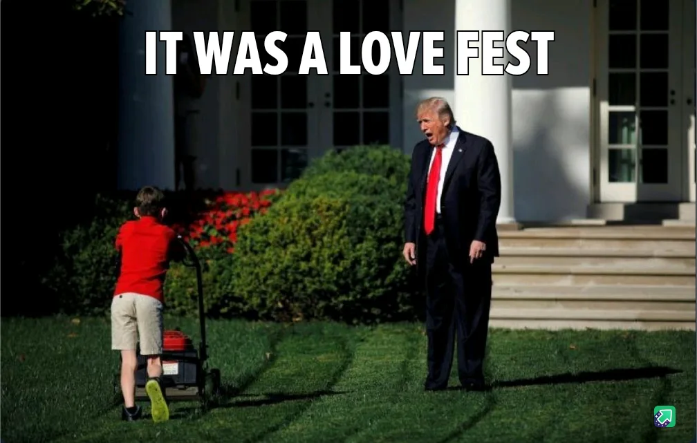 A man in a dark suit and red tie stands on the White House lawn with an exaggeratedly surprised or shocked facial…