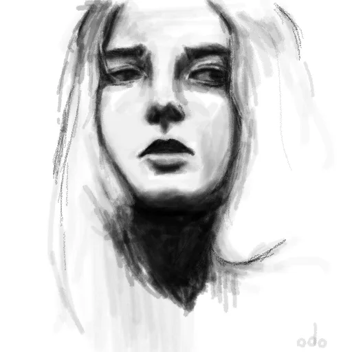 A grayscale sketch of a woman with a somber, tearful expression, her eyes slightly downcast and lips parted. The text 'i'm…
