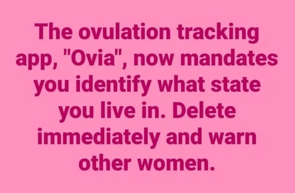 A solid pink background with bold, dark pink text stating that the ovulation tracking app 'Ovia' now requires users to…