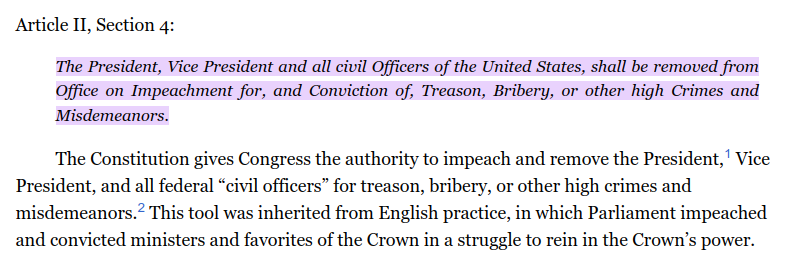 A screenshot of a constitutional text excerpt with the phrase 'The President, Vice President and all civil Officers of the…