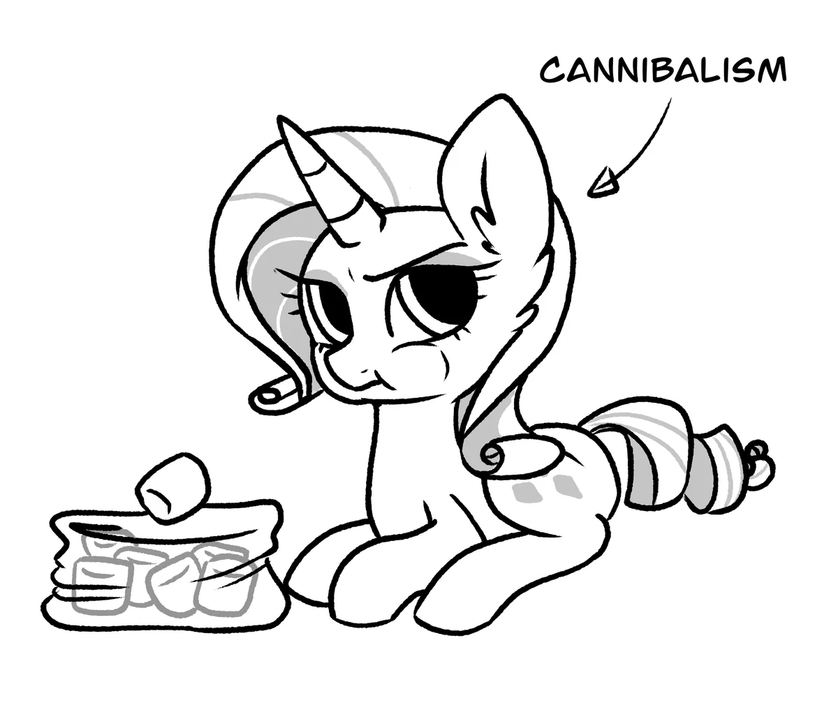 A black-and-white line drawing shows a cartoon unicorn pony with a smug, self-satisfied expression, sitting beside a tray of…