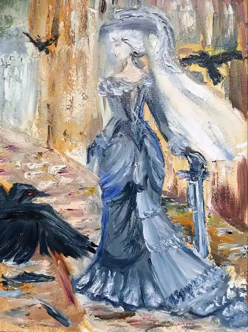 An impressionistic painting depicts a woman in a long, dark blue dress with a white veil, standing beside a black crow. The…