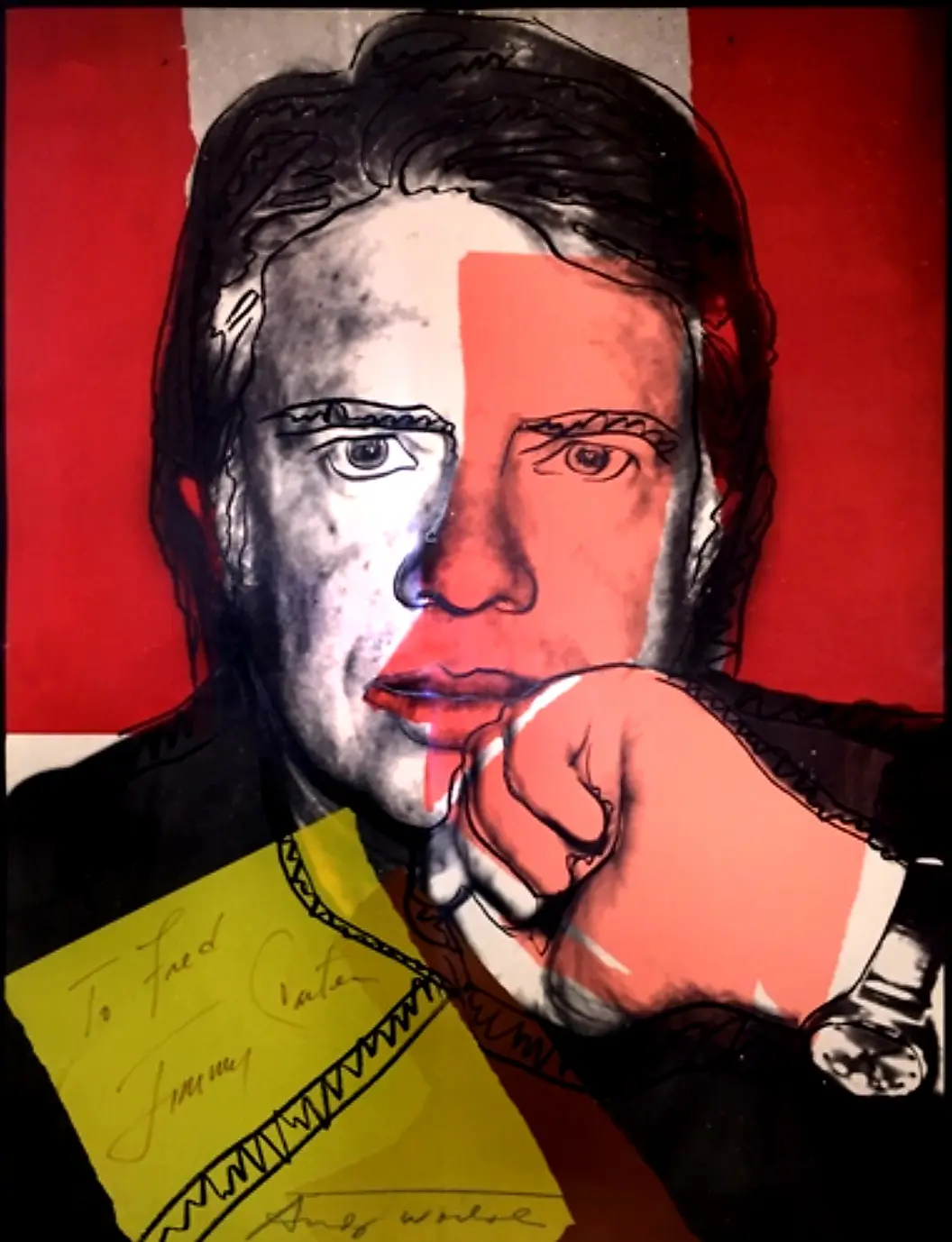 A stylized, pop-art portrait of a man with his face split vertically into black-and-white and red-orange halves, his hand…