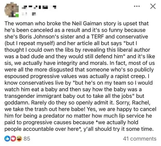 A screenshot of a Facebook post with a blurred profile picture and a long text comment discussing the cancellation of Neil…