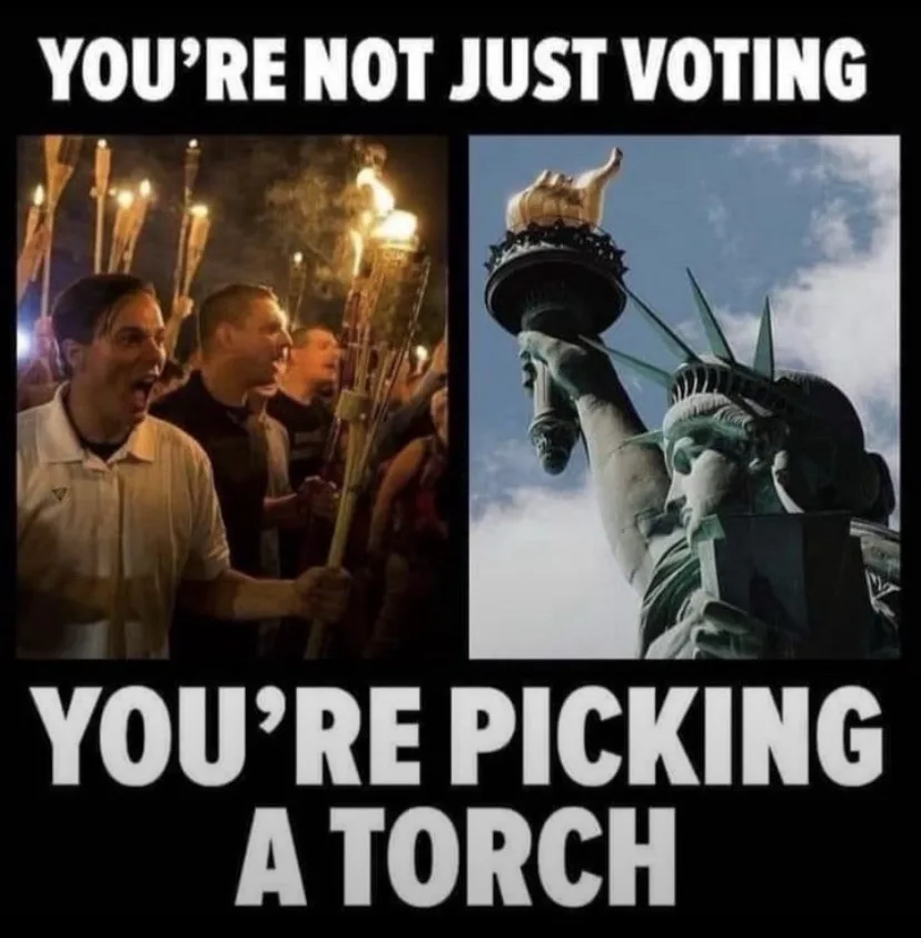 The image is split into two panels. The left panel shows a group of people at night, holding lit torches and shouting, with…