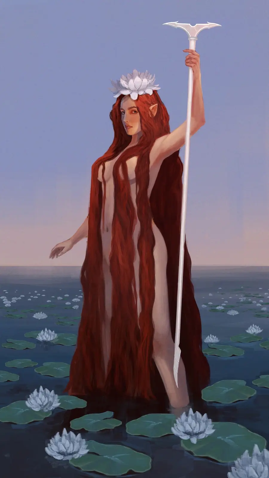 A tall, slender woman with long red hair and pointed ears stands waist-deep in water surrounded by lily pads and white water…