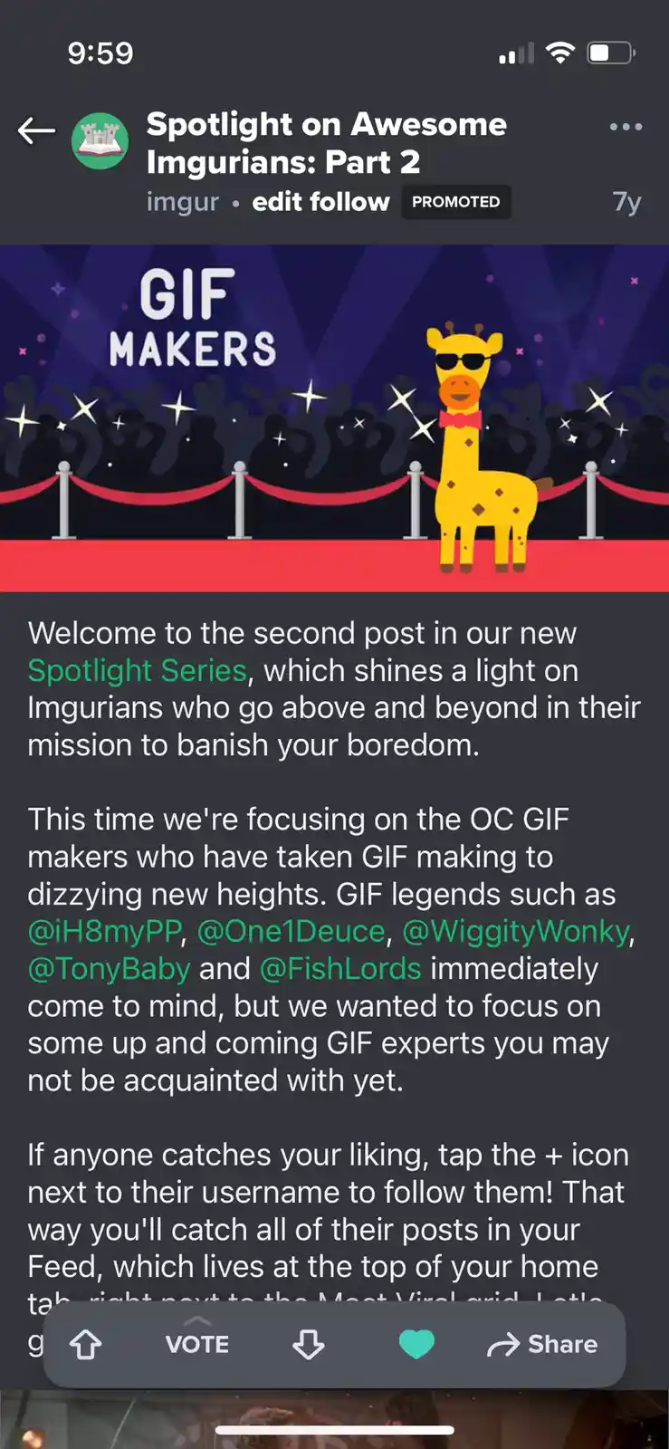 An Imgur promotional post titled 'Spotlight on Awesome Imgurians: Part 2' features a cartoon giraffe wearing sunglasses and…