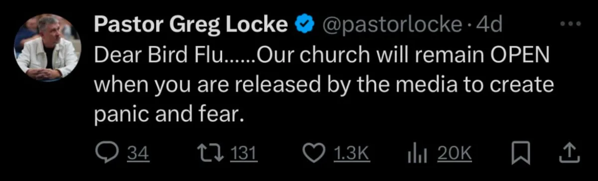 A screenshot of a tweet from verified user Pastor Greg Locke (@pastorlocke) posted 4 days ago. The tweet reads: 'Dear Bird…