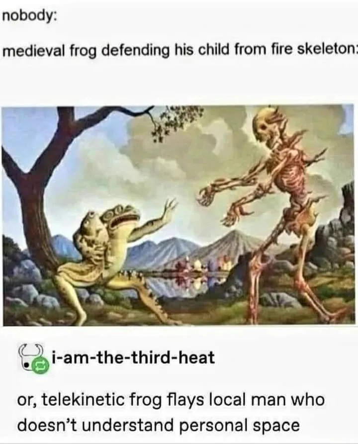 An image shows a large, anthropomorphic frog holding a smaller frog in its arms, appearing to defend it from a flaming…