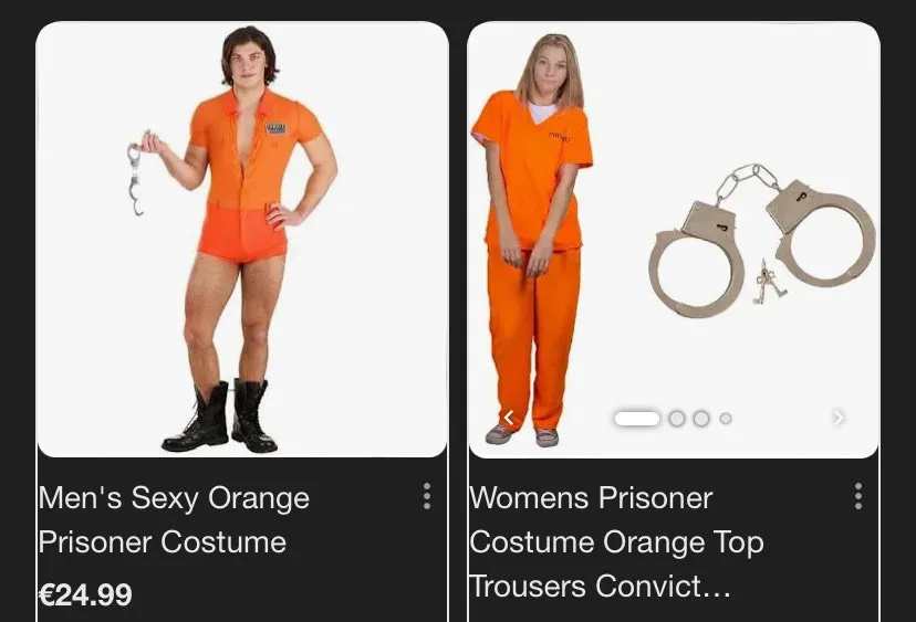 Two product listings side-by-side: left shows a man in an orange prisoner costume holding handcuffs, labeled 'Men's Sexy…