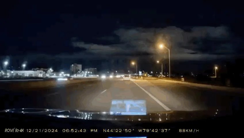 A six-panel car dashcam sequence shows a nighttime highway drive where the sky rapidly transitions from dark blue to bright…