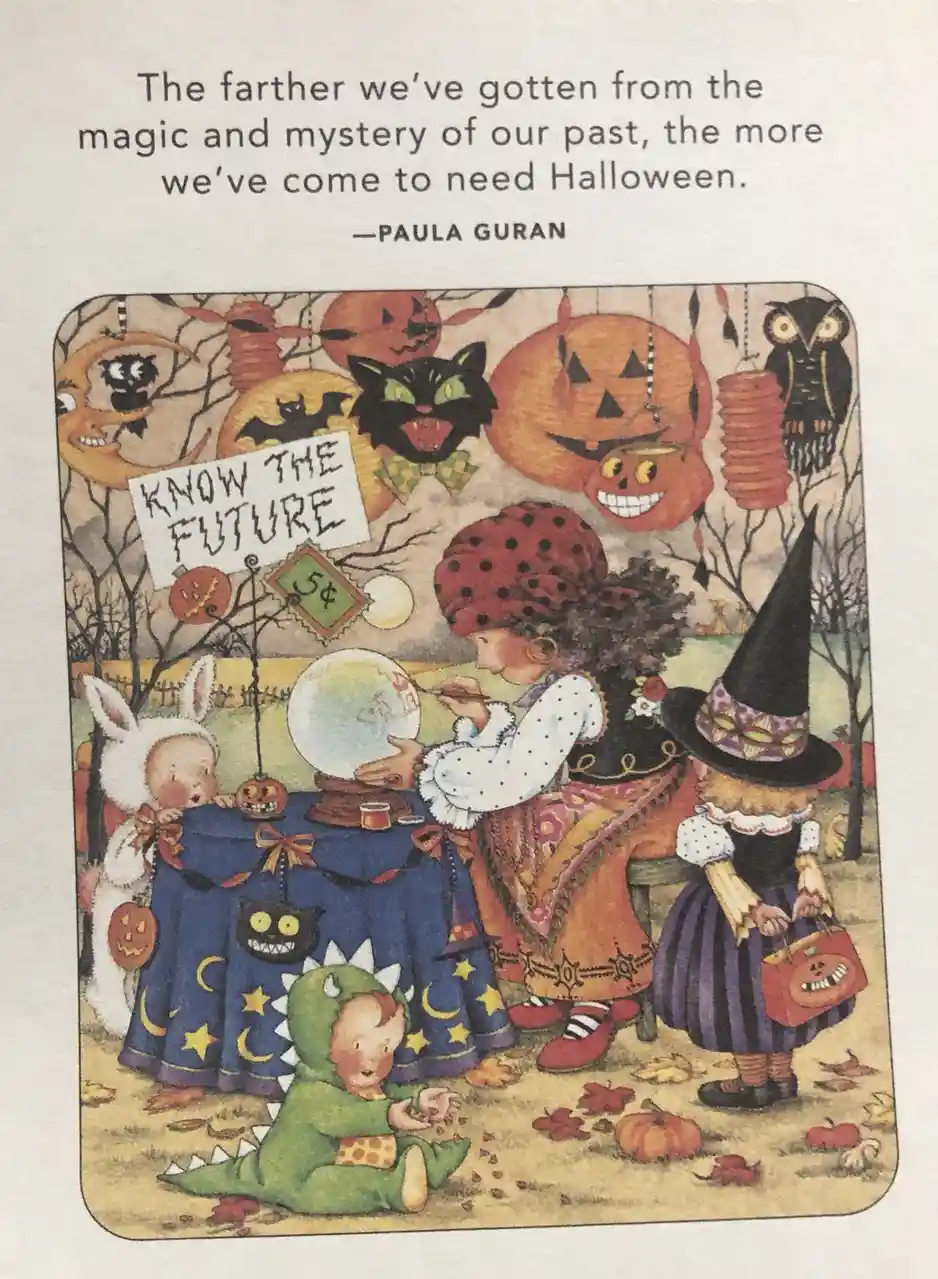 A vintage-style illustration shows children in Halloween costumes gathered around a fortune-teller who is drawing on a…