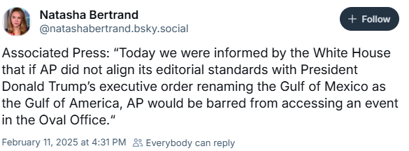 A screenshot of a tweet from Natasha Bertrand showing a fictional quote attributed to the Associated Press about being…
