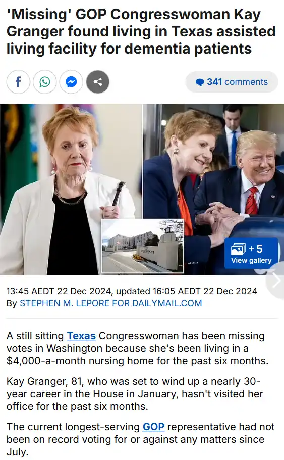 A screenshot of a Dailymail.com news article with a headline about GOP Congresswoman Kay Granger being found living in a…