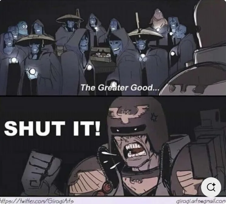 Top panel shows a group of blue-skinned, hooded figures with glowing orbs on their chests, one speaking the phrase 'The…