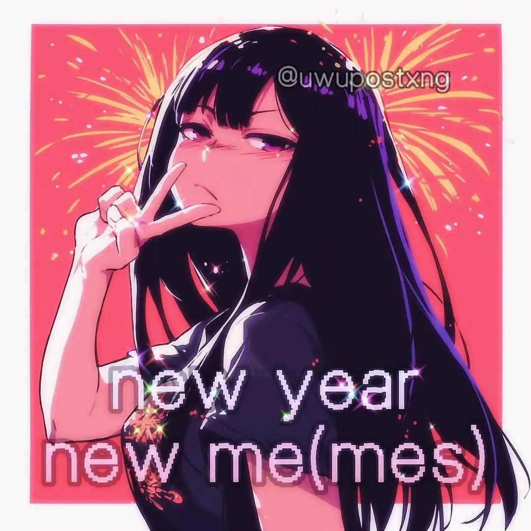 An anime-style illustration of a young woman with long black hair and purple eyes, making a peace sign with her right hand…