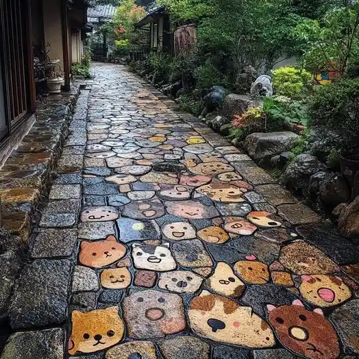 A wet stone pathway in a lush garden features individual stones painted with cute, cartoonish animal faces, including cats…