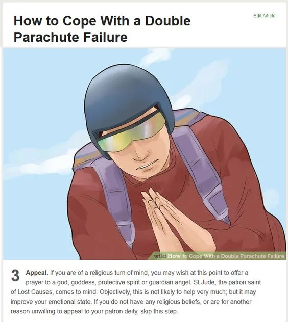 An illustrated guide titled 'How to Cope With a Double Parachute Failure' shows a person in a parachute harness and helmet…