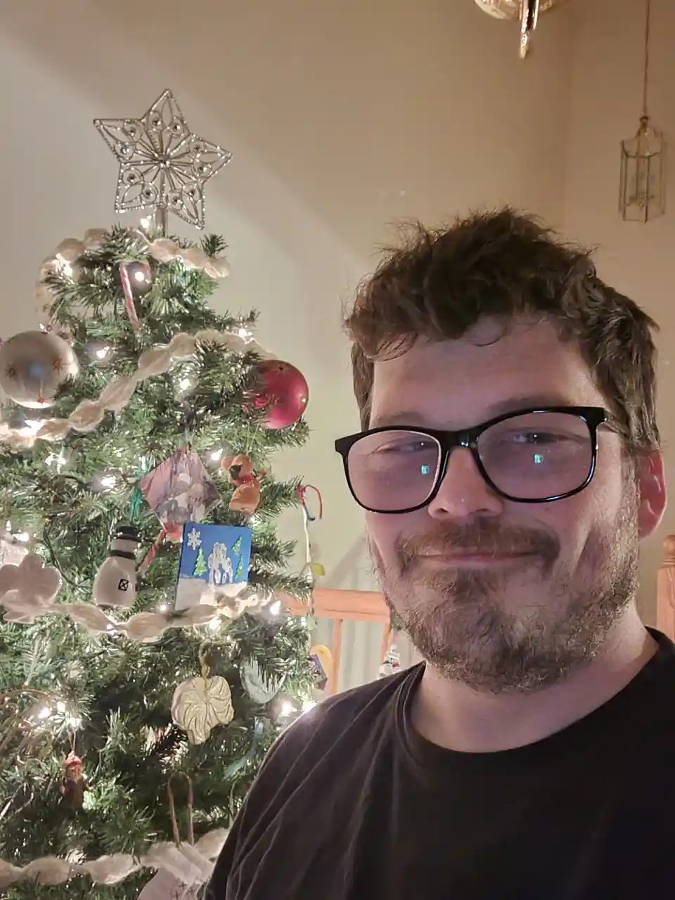 A man with glasses and a beard smiles at the camera while standing in front of a decorated christmas tree with lights…