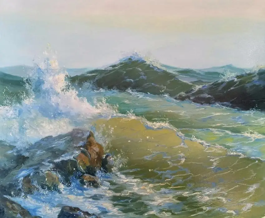 A painting depicts turbulent ocean waves crashing against dark rocks, with white foam and greenish-blue water under a pale…