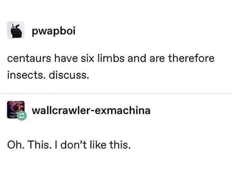 The image shows a screenshot of a Reddit-style comment thread. The first comment by user 'pwapboi' states 'centaurs have six…