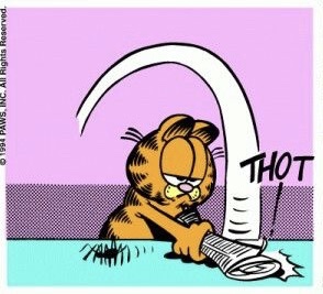 Garfield, the orange tabby cat, is shown angrily pulling a large, curved white object out of a trash can, with the word…